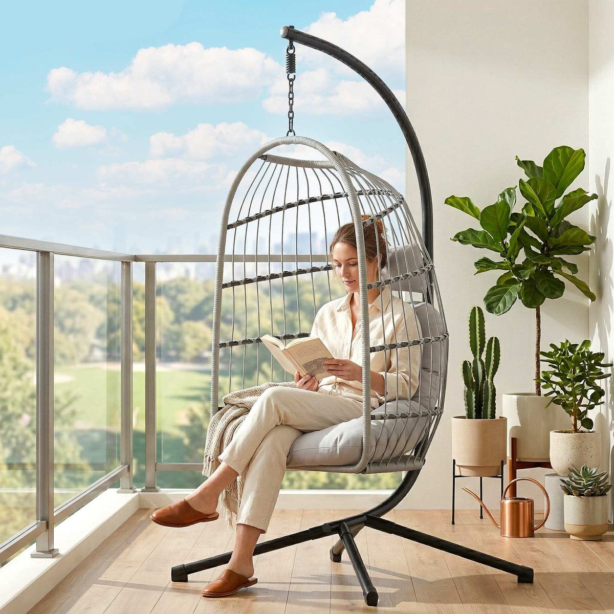 Hanging Egg Chair with Foldable Metal Stand, Thick Cushion, Light Grey