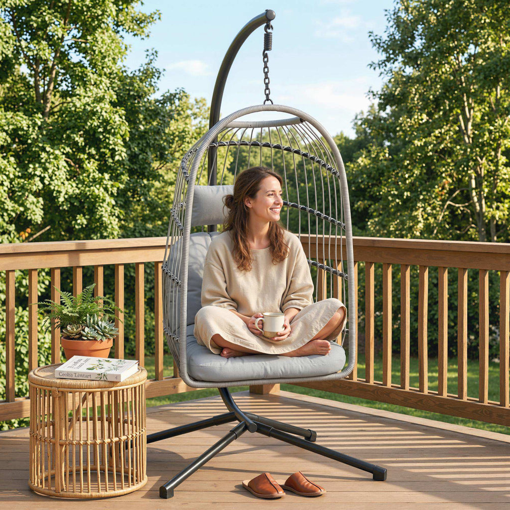 Hanging Egg Chair with Foldable Metal Stand, Thick Cushion, Light Grey