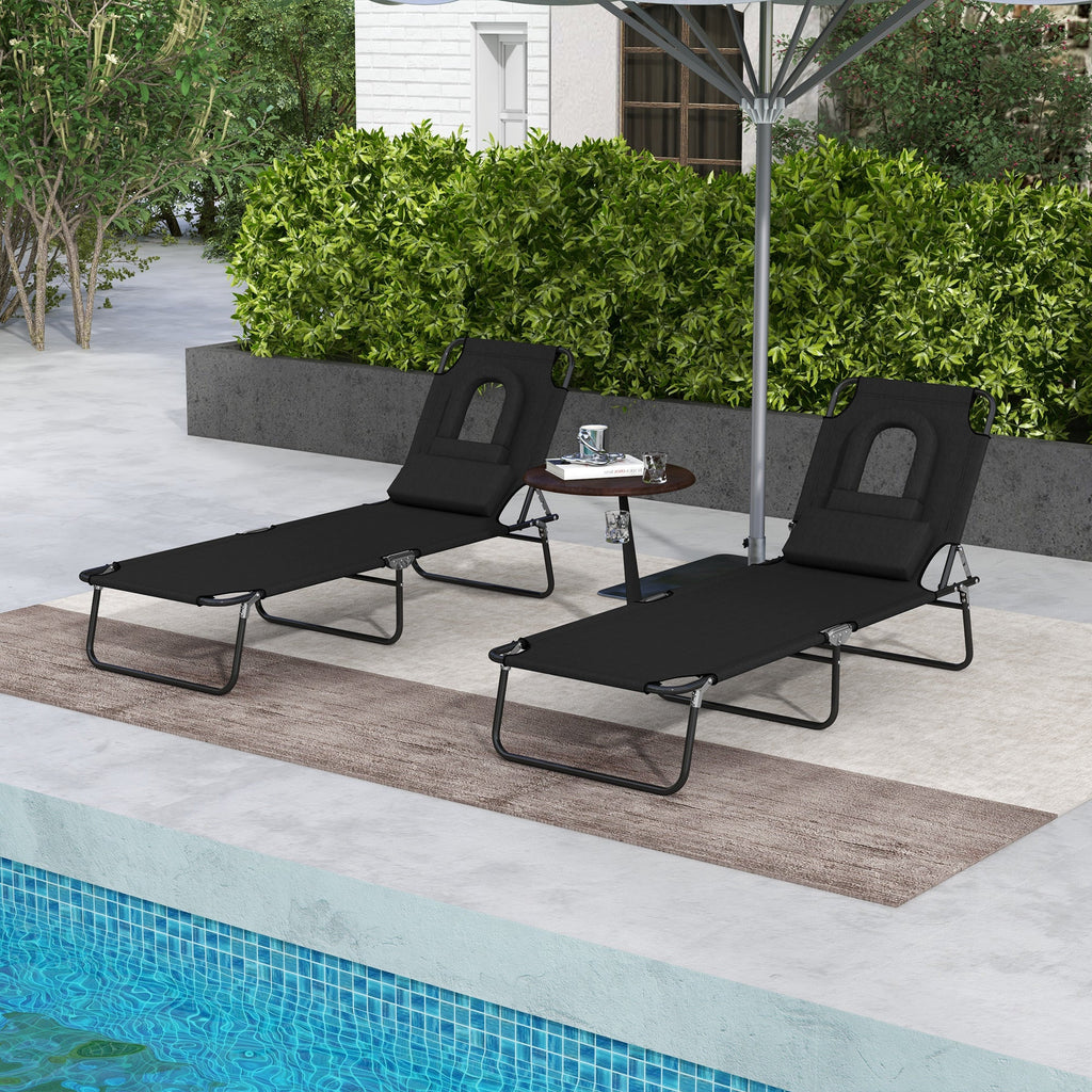 2pcs Adjustable Outdoor Lounge Chairs with Face Hole, Black