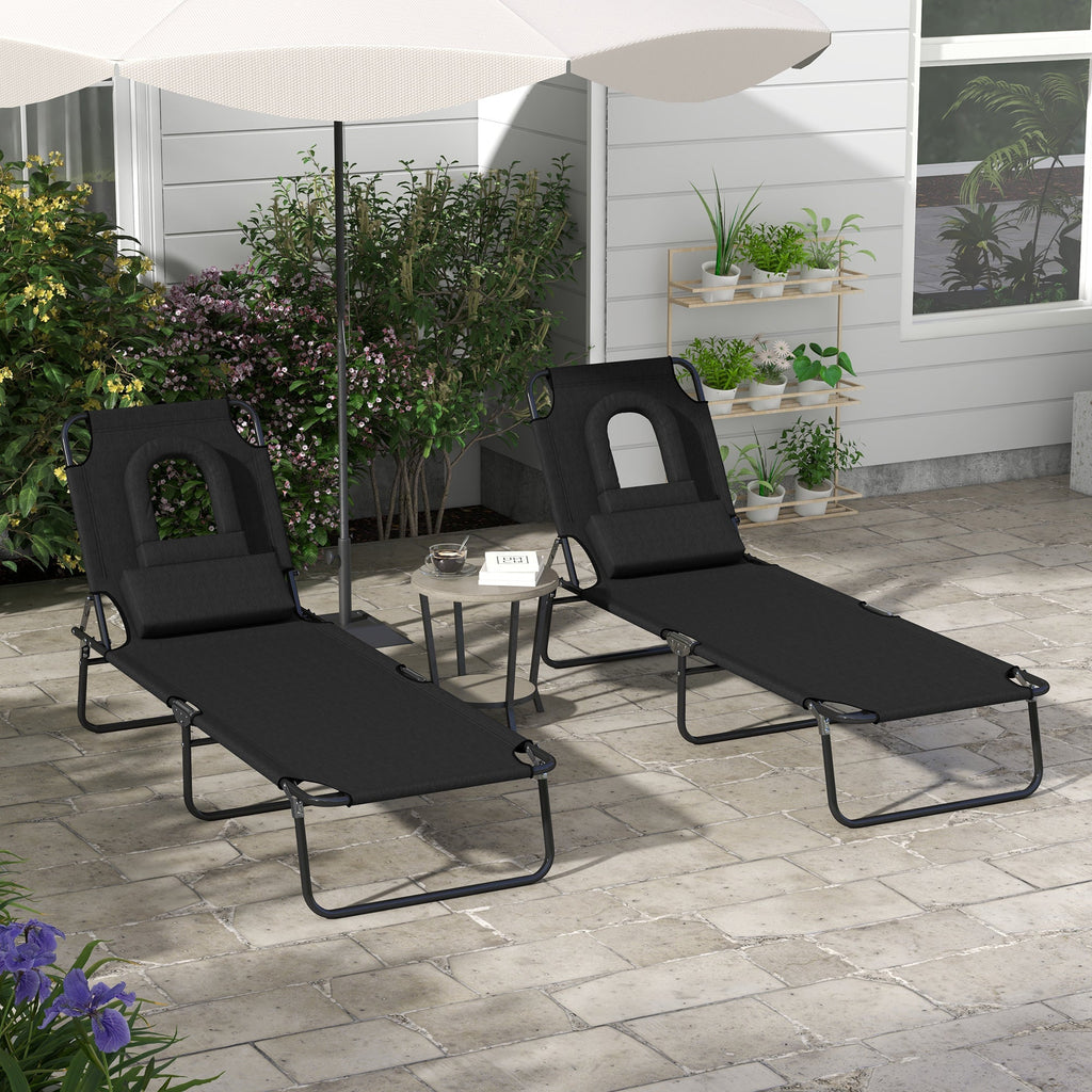 2pcs Adjustable Outdoor Lounge Chairs with Face Hole, Black