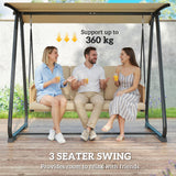 3 Seater Garden Swing Chair with Tilting Canopy and Zipped Cushions, Sand Brown