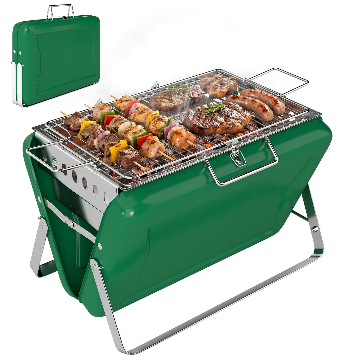 Folding Portable Charcoal BBQ Grill with Handle and Foldable Legs, Dark Green