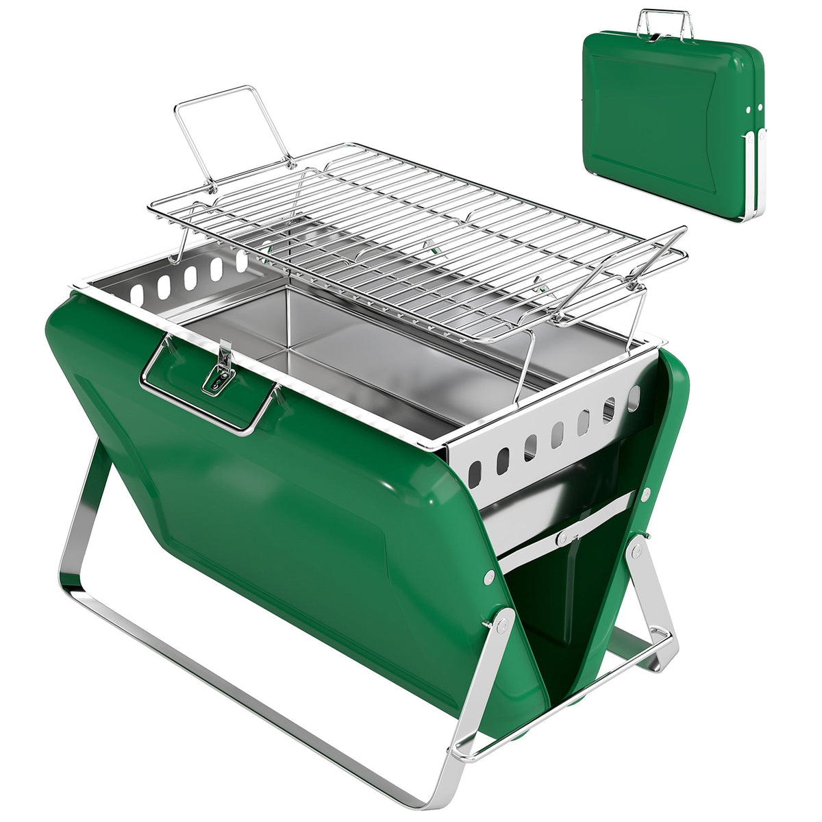 Folding Portable Charcoal BBQ Grill with Handle and Foldable Legs, Dark Green