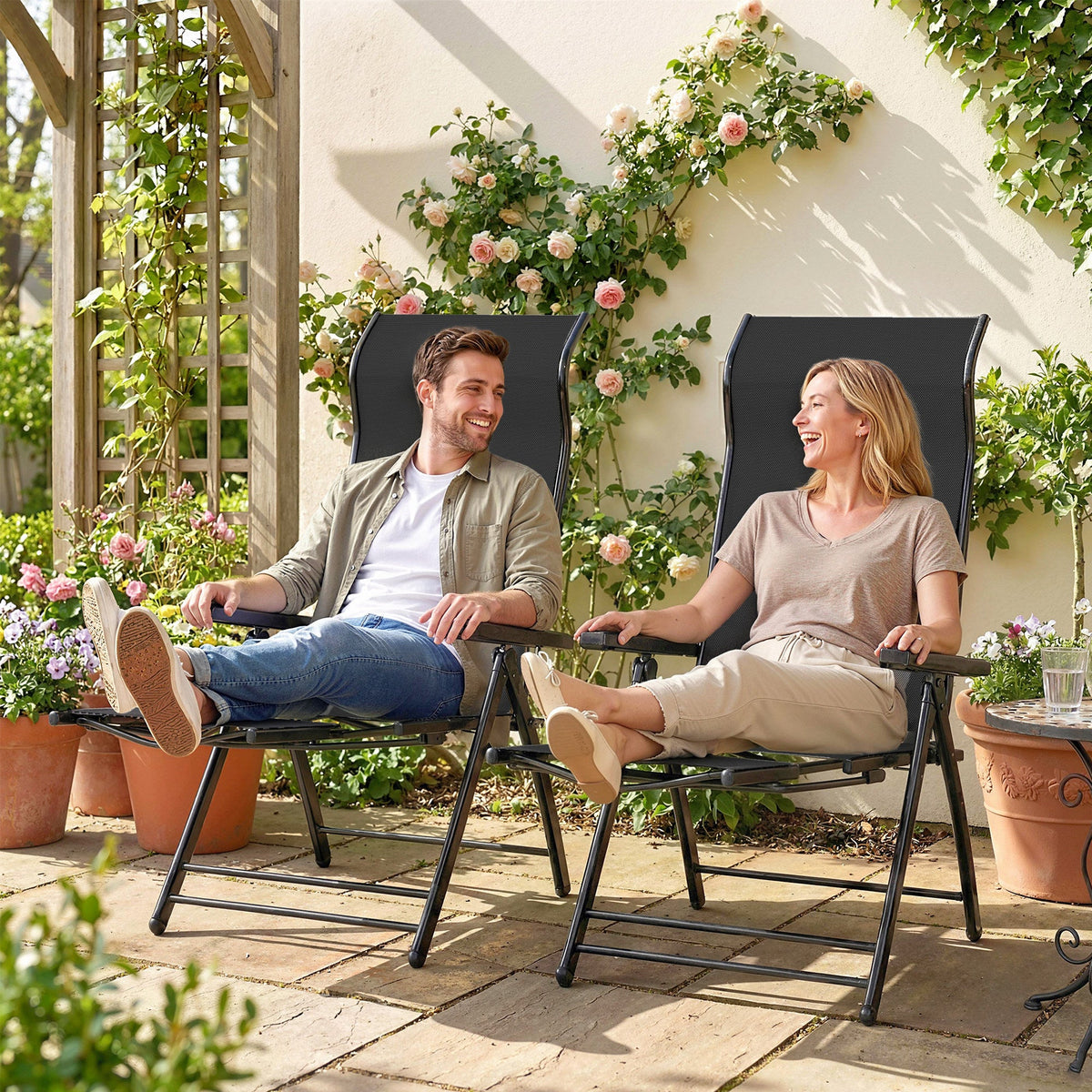 Set of 2 Folding Patio Chairs with Footrest and 5-Position Recline, Black