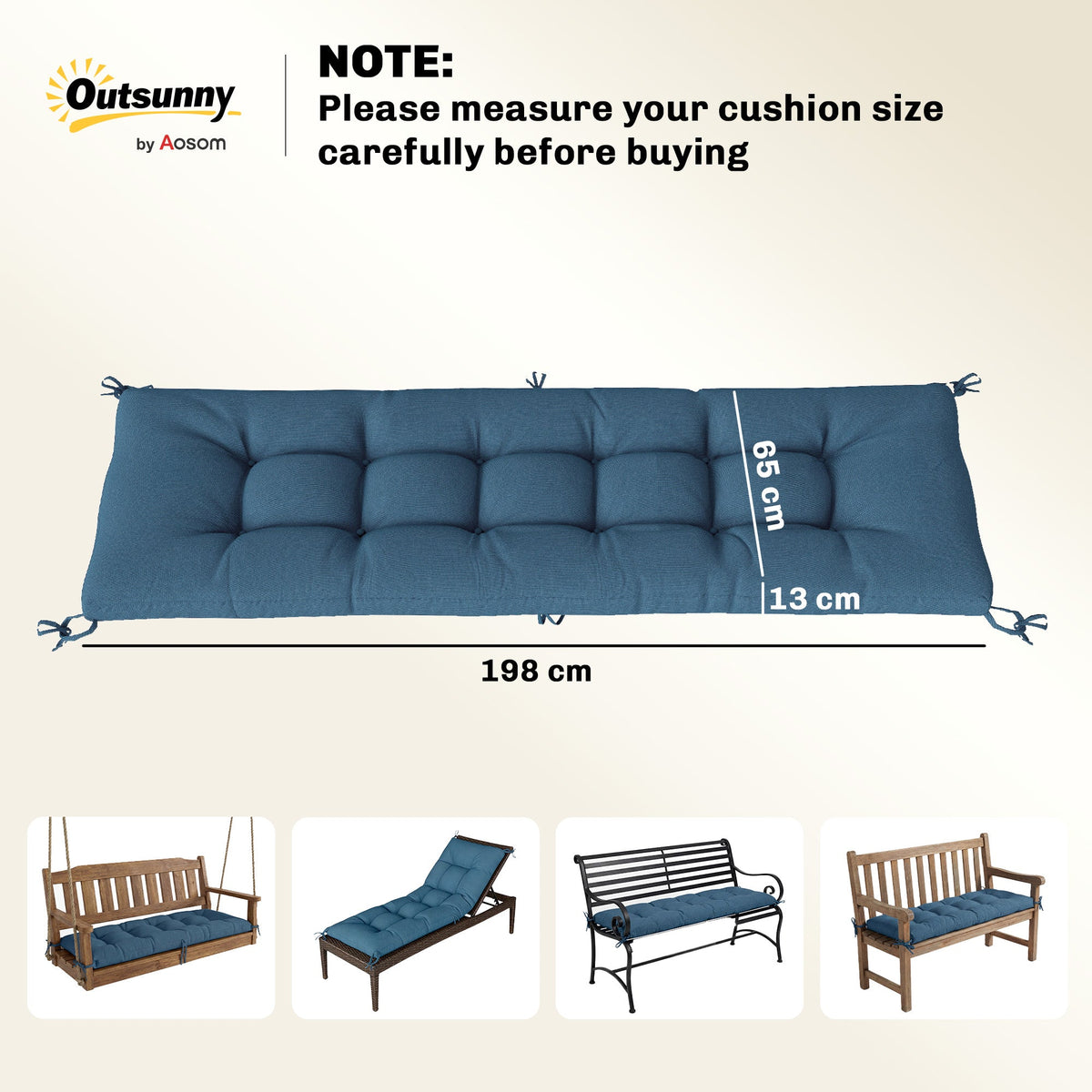 Memory Foam Sun Lounger Cushion with Ties, 190 x 60 cm, Blue