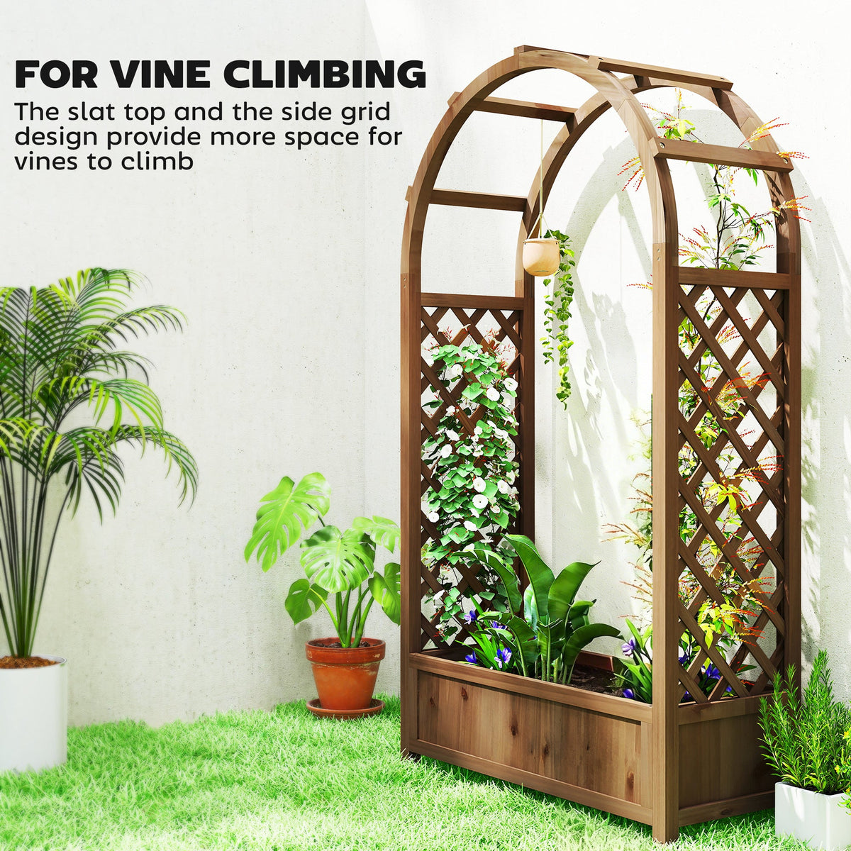 59.8" Raised Garden Bed with Arch Trellis for Climbing Plants, Dark Brown