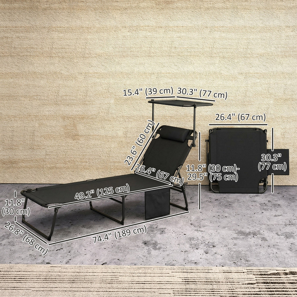Folding Chaise Lounge Chair with Cushion, Sun Shade and Headrest, Dark Grey
