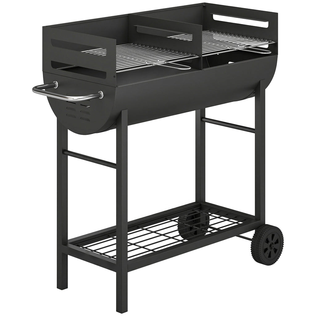 Charcoal BBQ Trolley, Metal 2-Zone Grill on Wheels, Adjustable Grates, Black