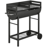 Charcoal BBQ Trolley, Metal 2-Zone Grill on Wheels, Adjustable Grates, Black