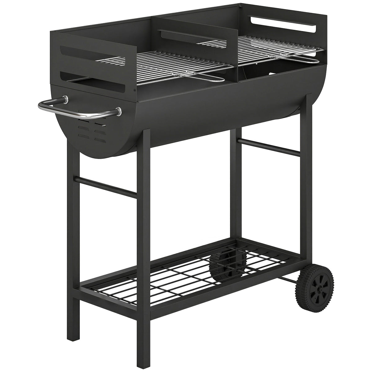 Charcoal BBQ Trolley, Metal 2-Zone Grill on Wheels, Adjustable Grates, Black