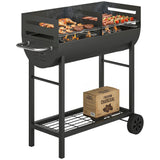 Charcoal BBQ Trolley, Metal 2-Zone Grill on Wheels, Adjustable Grates, Black
