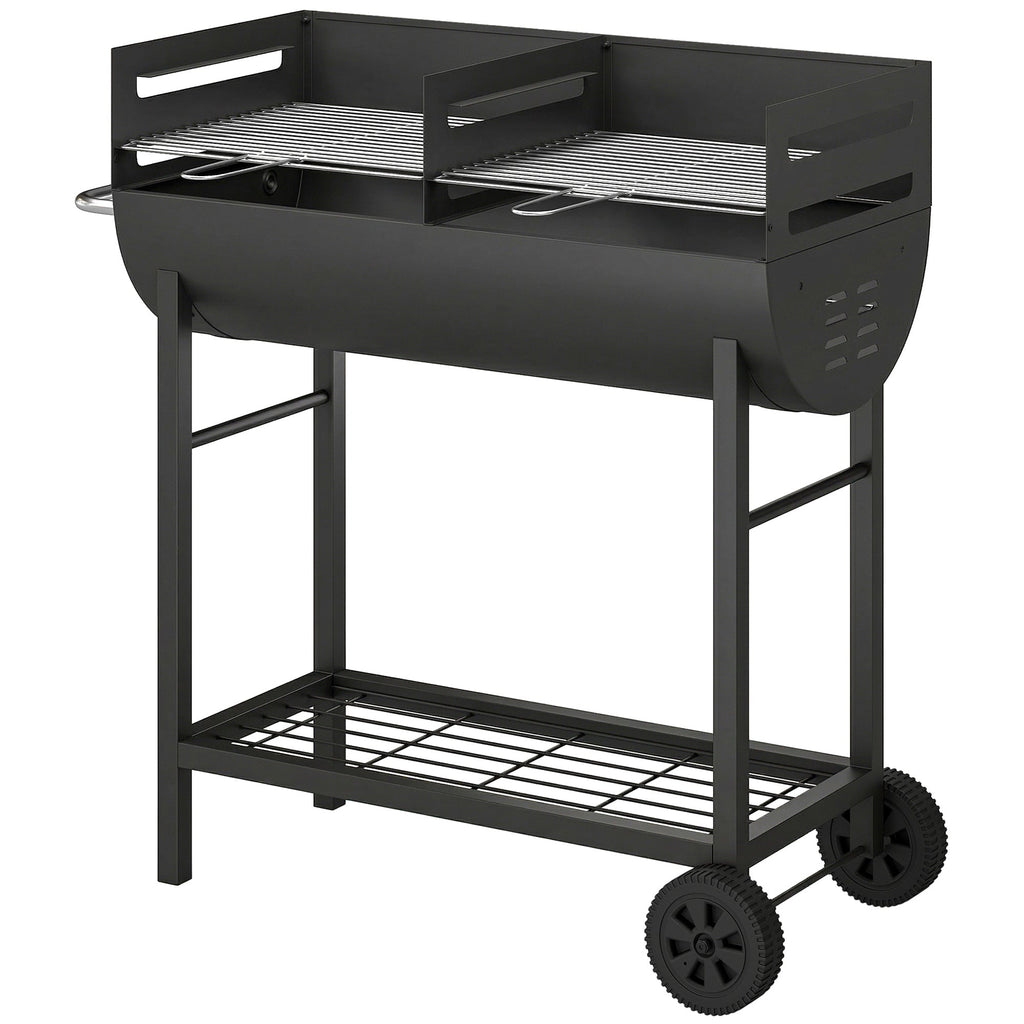 Charcoal BBQ Trolley, Metal 2-Zone Grill on Wheels, Adjustable Grates, Black