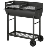 Charcoal BBQ Trolley, Metal 2-Zone Grill on Wheels, Adjustable Grates, Black