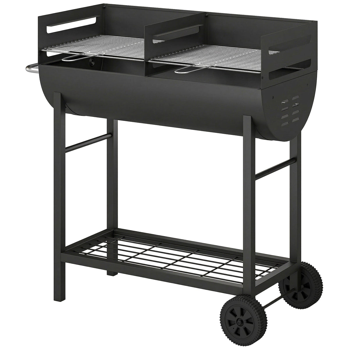 Charcoal BBQ Trolley, Metal 2-Zone Grill on Wheels, Adjustable Grates, Black