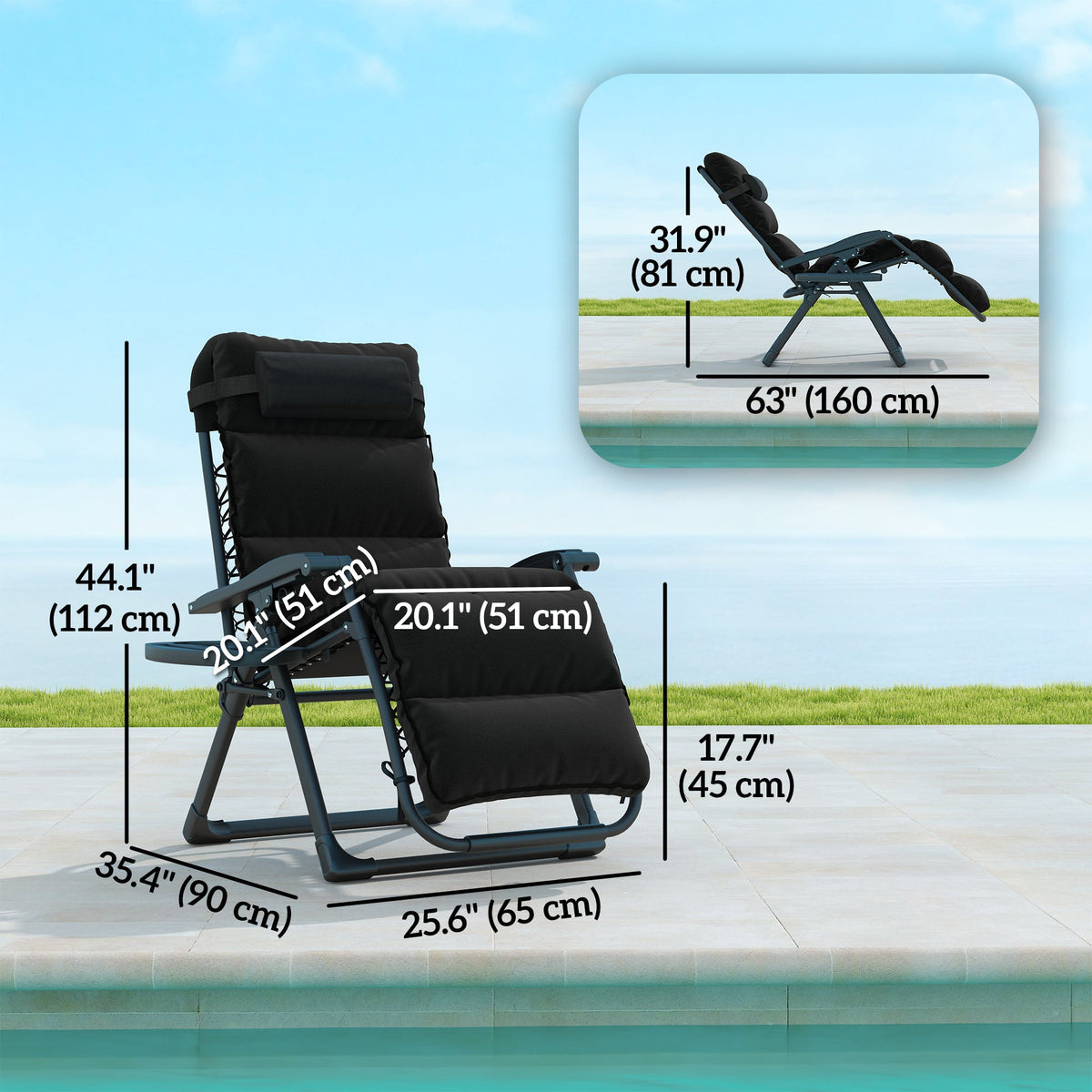 Set of 2 Zero Gravity Chairs with Cup and Phone Holder Tray, Black