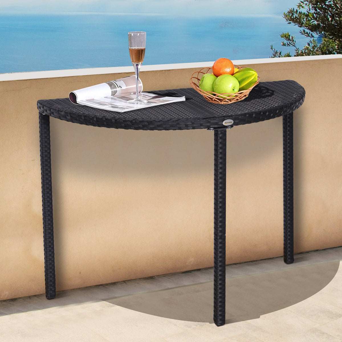 39.4" Half Round PE Rattan Side Table with Metal Frame, Black