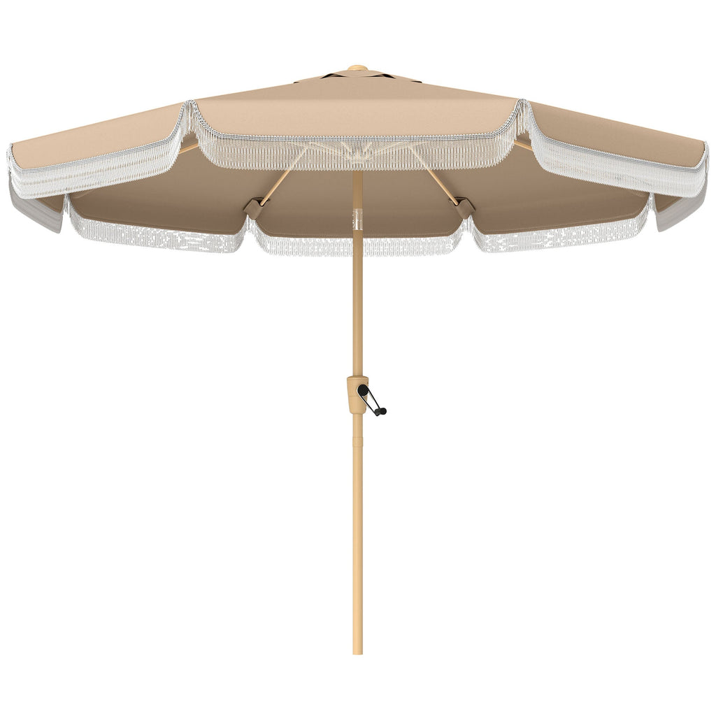 9ft Fringed Patio Umbrella with Push Button Tilt and Crank, Khaki