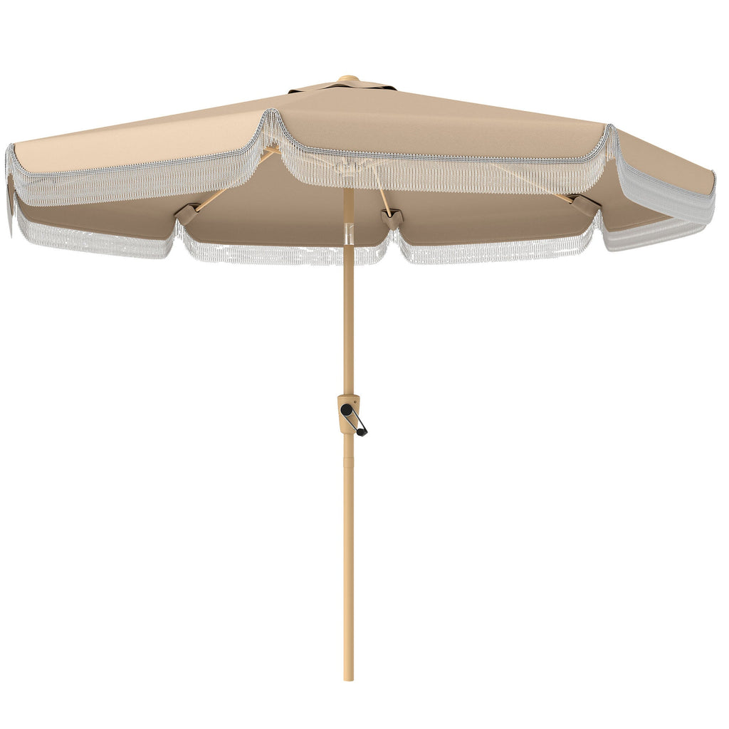 9ft Fringed Patio Umbrella with Push Button Tilt and Crank, Khaki