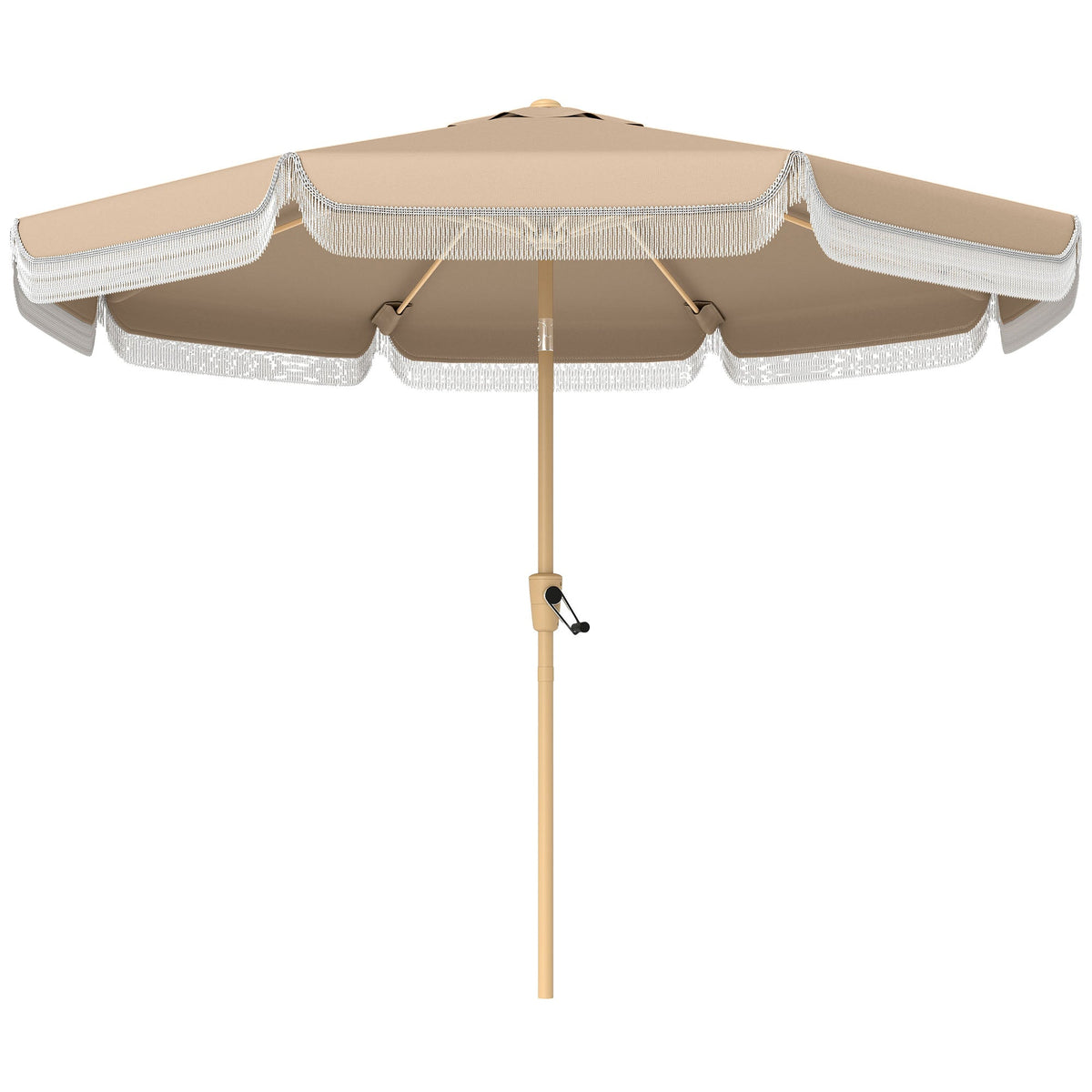 9ft Fringed Patio Umbrella with Push Button Tilt and Crank, Khaki