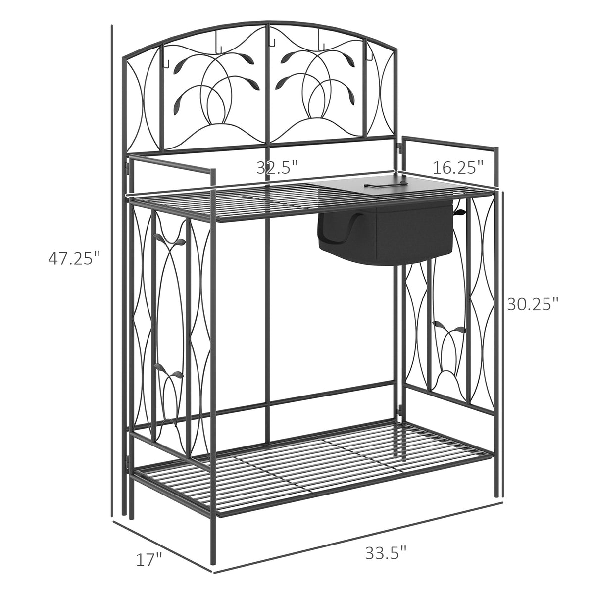 Folding Potting Bench Table with Storage Shelf, Leaf Pattern