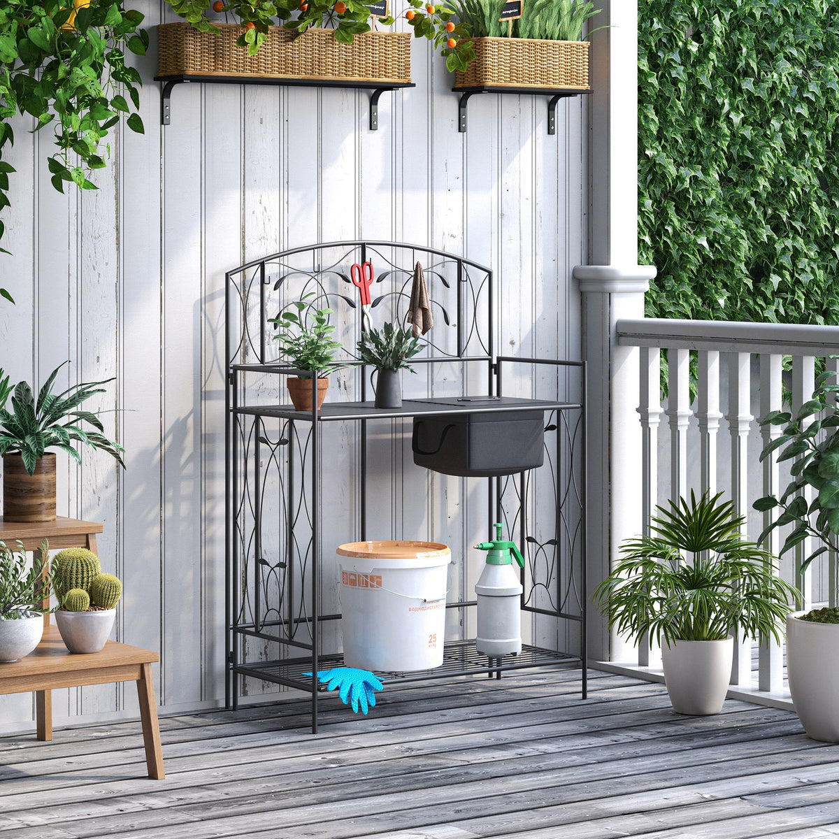 Folding Potting Bench Table with Storage Shelf, Leaf Pattern