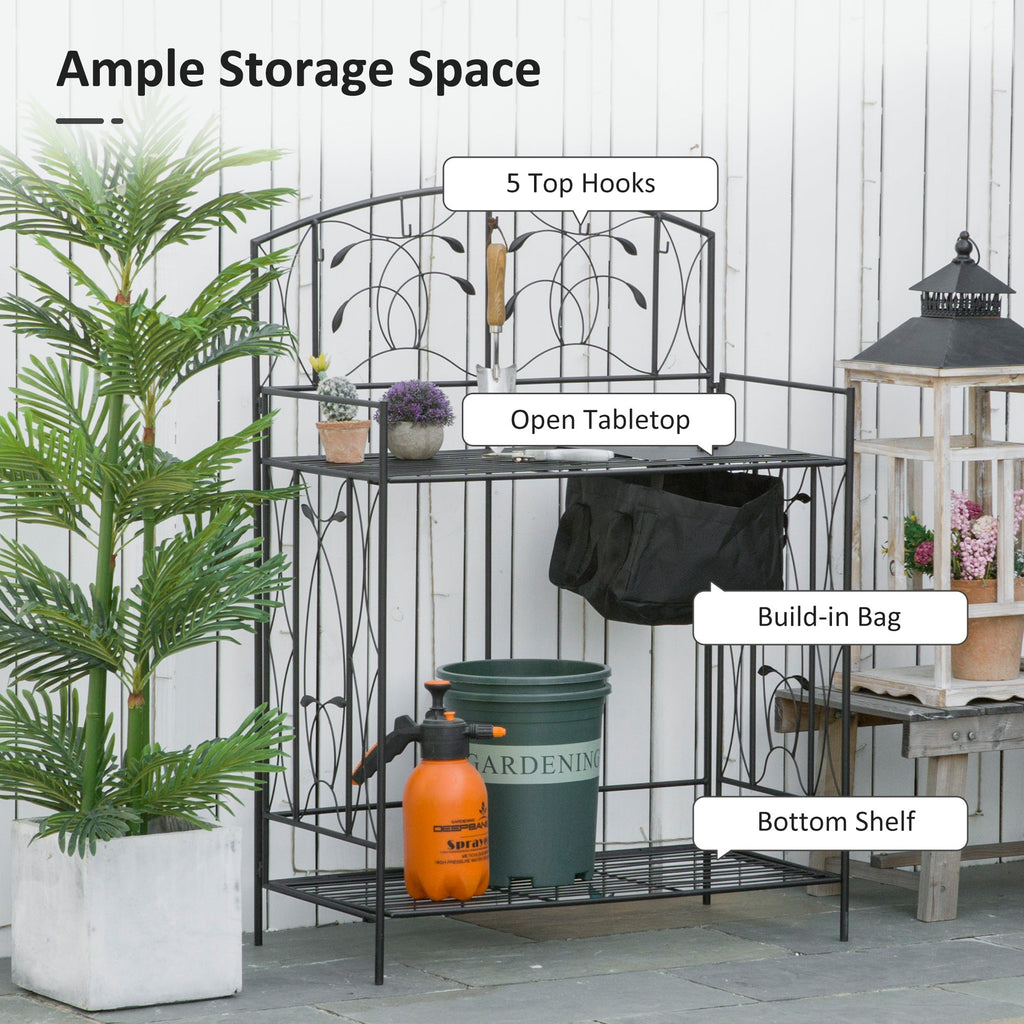 Folding Potting Bench Table with Storage Shelf, Leaf Pattern