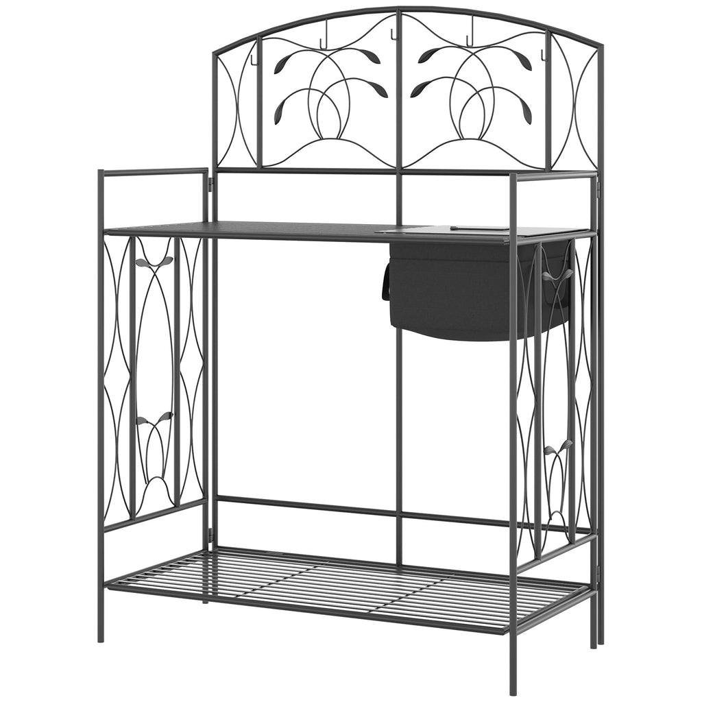 Folding Potting Bench Table with Storage Shelf, Leaf Pattern