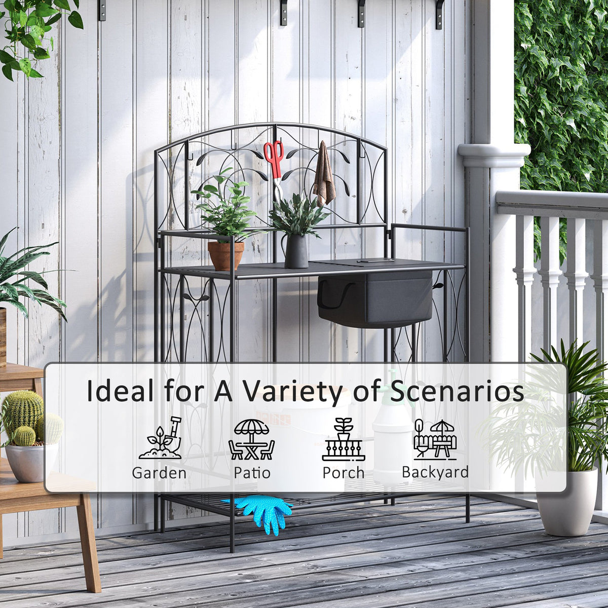 Folding Potting Bench Table with Storage Shelf, Leaf Pattern