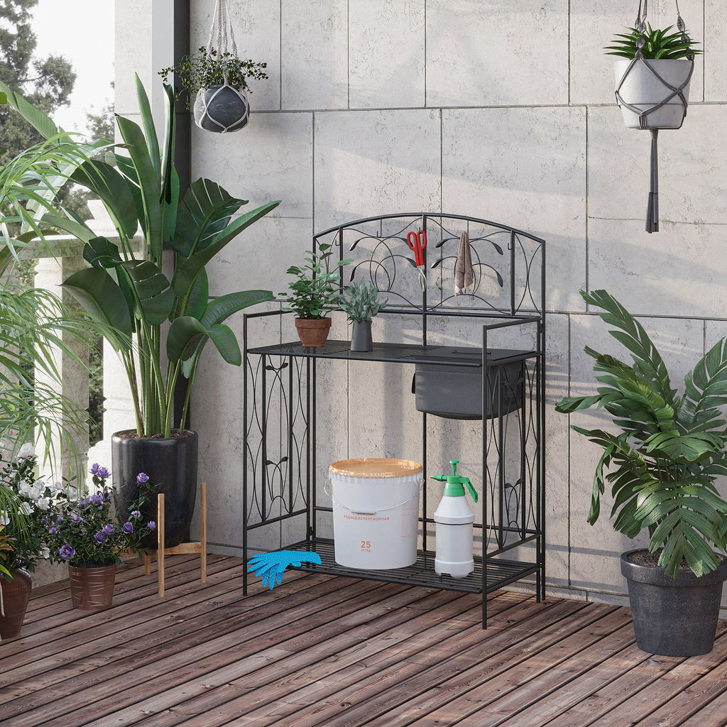 Folding Potting Bench Table with Storage Shelf, Leaf Pattern