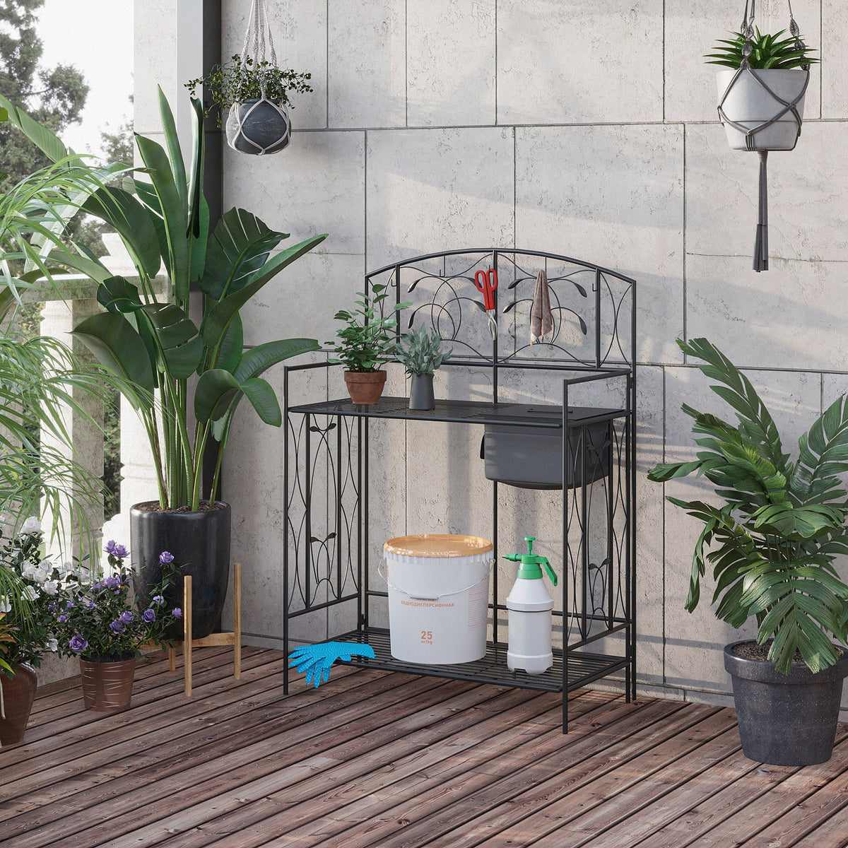 Folding Potting Bench Table with Storage Shelf, Leaf Pattern