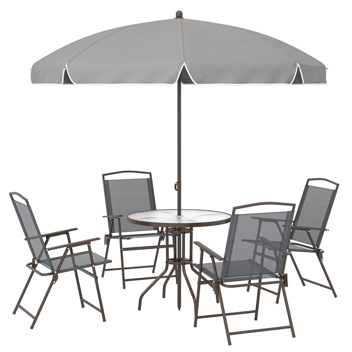 6 Piece Garden Dining Set with Umbrella and Folding Chairs, Dark Grey