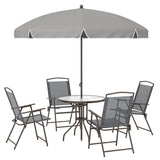 6 Piece Garden Dining Set with Umbrella and Folding Chairs, Dark Grey