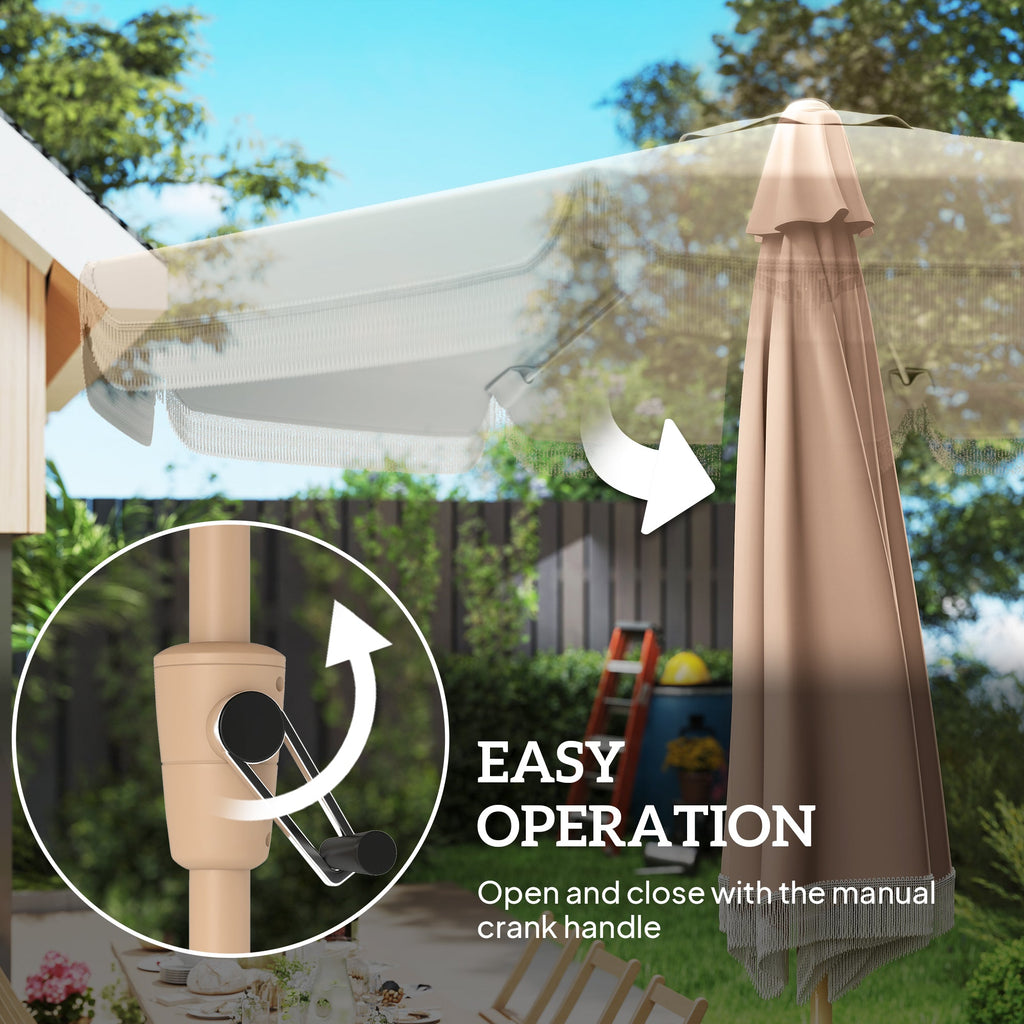 9ft Fringed Patio Umbrella with Push Button Tilt and Crank, Khaki