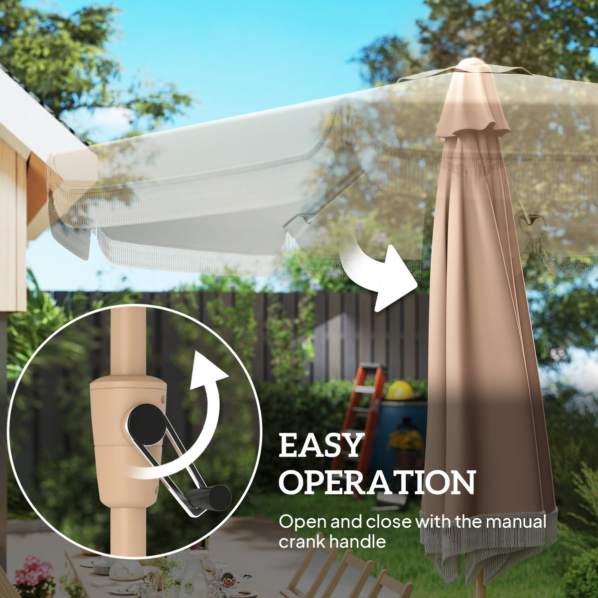 9ft Fringed Patio Umbrella with Push Button Tilt and Crank, Khaki