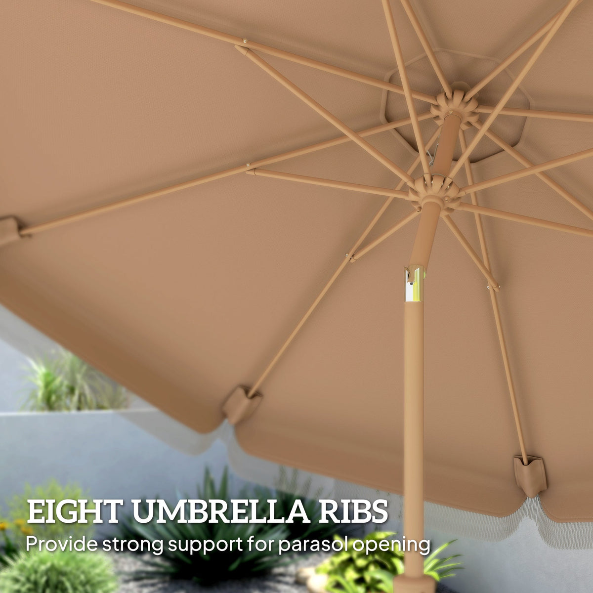 9ft Fringed Patio Umbrella with Push Button Tilt and Crank, Khaki