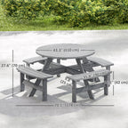 Wooden Patio Dining Set for 8 with Round Table and 4 Benches, Grey