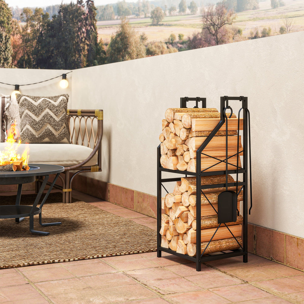 13 in 2-Tier Firewood Log Rack with Hooks & 4 Fireplace Tools, Black