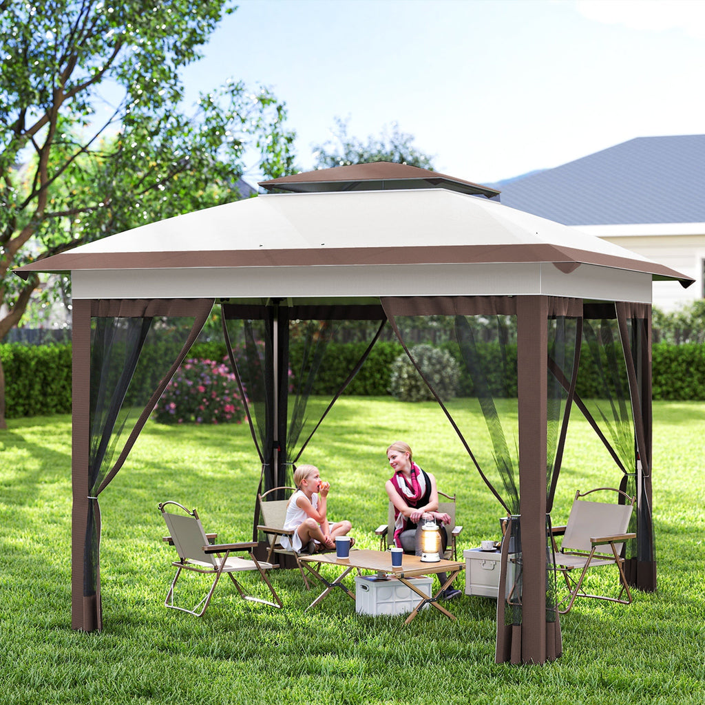 12' x 12' Pop-Up Canopy with Mesh Sidewalls, Adjustable Height, Beige Dark Brown