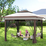 12' x 12' Pop-Up Canopy with Mesh Sidewalls, Adjustable Height, Beige Dark Brown