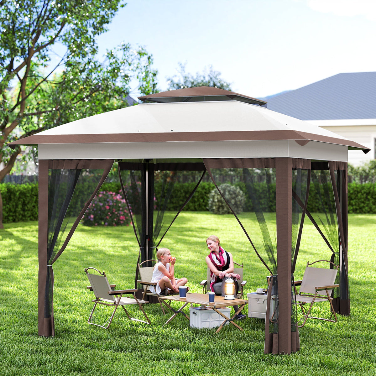 12' x 12' Pop-Up Canopy with Mesh Sidewalls, Adjustable Height, Beige Dark Brown
