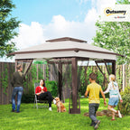 12' x 12' Pop-Up Canopy with Mesh Sidewalls, Adjustable Height, Beige Dark Brown