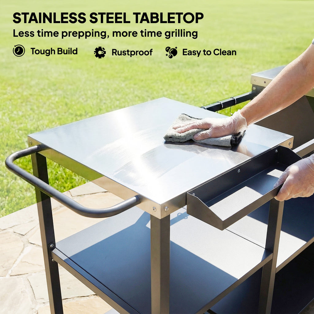 BBQ Grill Table with Stainless Steel Top and Storage Cabinet