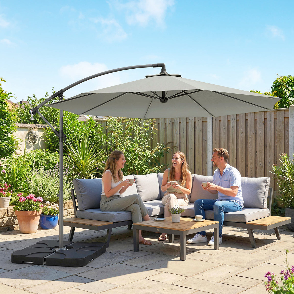 3 m Cantilever Parasol with Weights, Cover & Cross Base, Light Grey