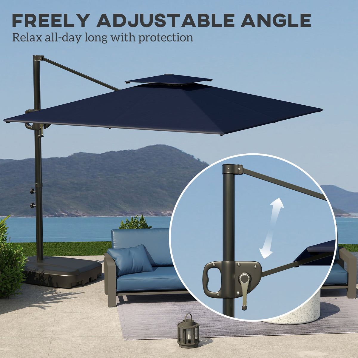 8' x 9' Square Cantilever Patio Umbrella with Fillable Base, Dark Blue