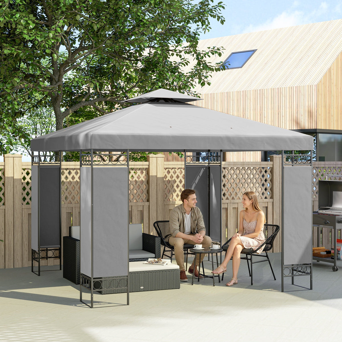 10 x 10 ft Canopy Gazebo with Double Roof and Screen Panels, Light Grey