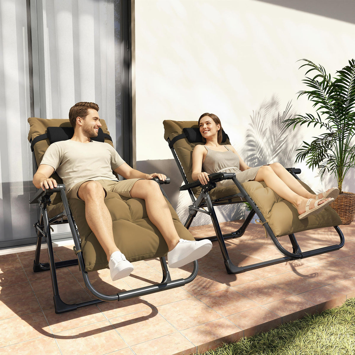 Set of 2 Reclining Zero Gravity Chairs with Cushion, Khaki