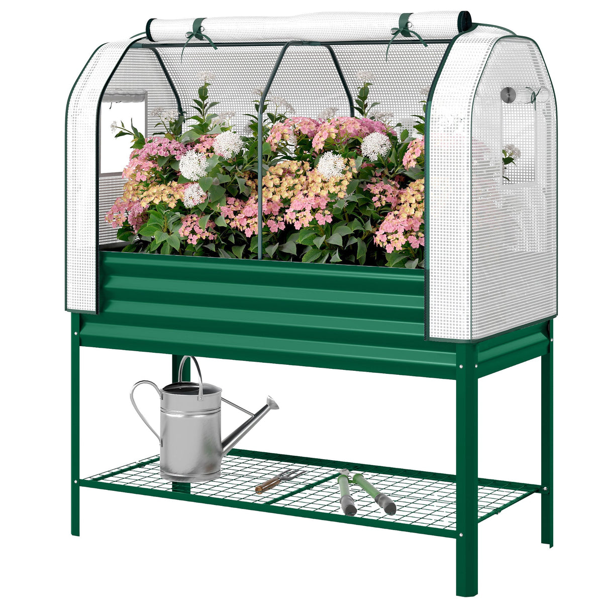 Galvanized Raised Garden Bed with Greenhouse Cover, Green