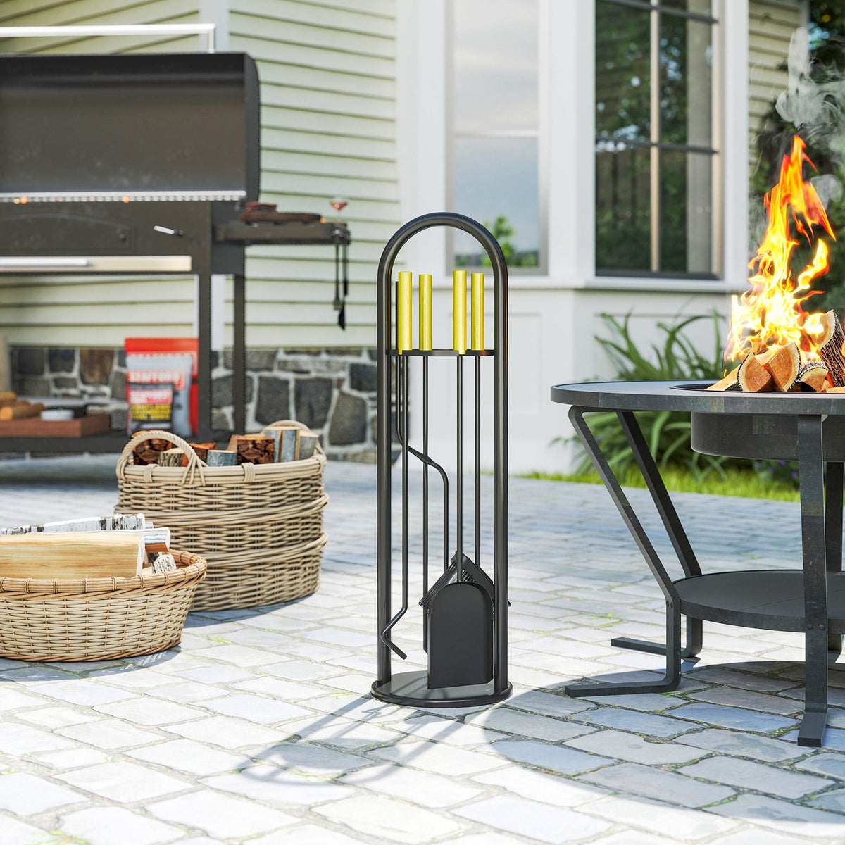 5-Piece Metal Fireplace Tool Set with Brush, Shovel, Poker, Tongs & Stand, Gold Finish