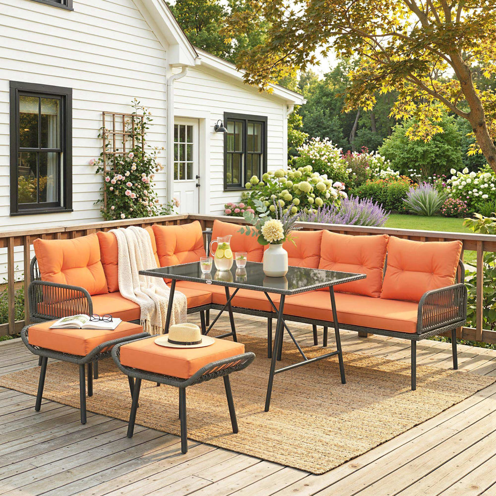 6-Piece 8-Seater Orange Rattan Corner Sofa Set with Cushions & Glass Table