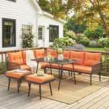 6-Piece 8-Seater Orange Rattan Corner Sofa Set with Cushions & Glass Table